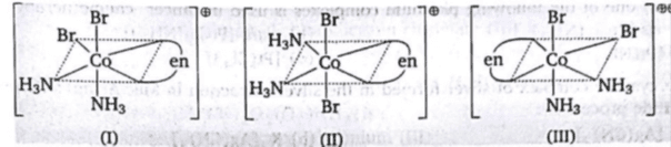 Chemistry diagram for: Three arrangements are shown for the complex [CoBr2(NH3)2(en)]^+. Which one is wrong statement? [SEE DIAGRAM]