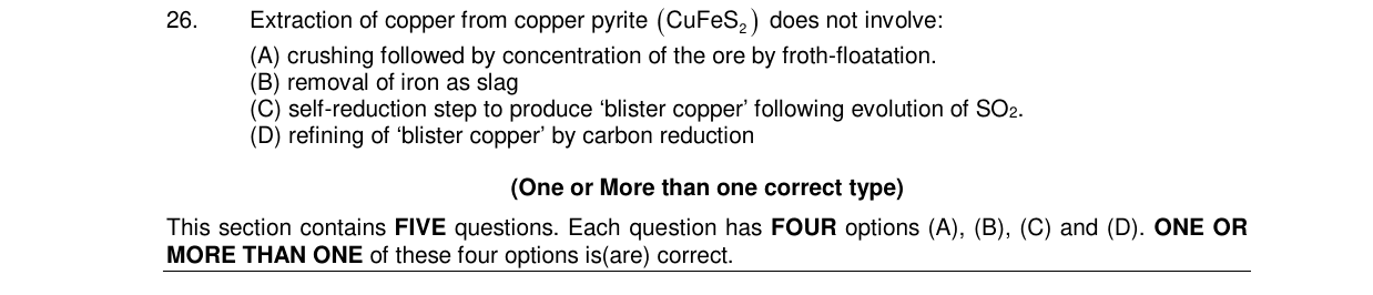 Chemistry diagram for: Extraction of copper from copper pyrite (CuFeS2) does not involve: