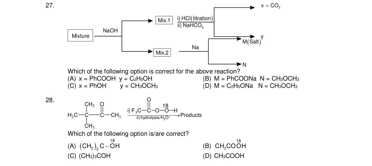 Chemistry diagram for: Which of the following option is correct for the above reaction? Mixture --NaOH--> Mix.1 --i) HCl(titration) ii) NaHCO3-