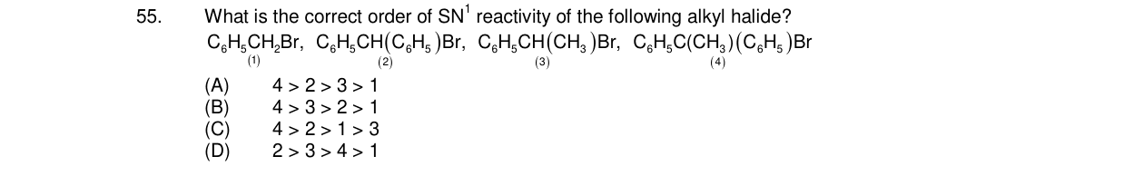 Chemistry diagram for: What is the correct order of SN^1 reactivity of the following alkyl halide? C6H5CH2Br, C6H5CH(C6H5)Br, C6H5CH(CH3)Br, C6