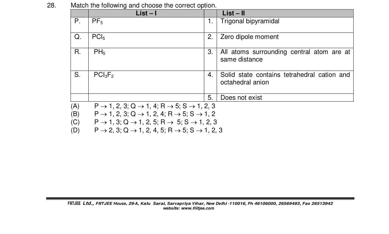 Chemistry diagram for: Match the following and choose the correct option. List β I: P. PF5 Q. PCl5 R. PH5 S. PCl3F2 List β II: 1. Trigonal bipy
