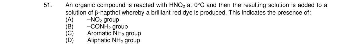 Chemistry diagram for: An organic compound is reacted with HNO2 at 0°C and then the resulting solution is added to a solution of β-napthol wher