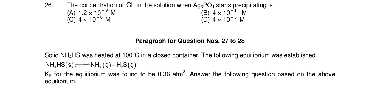 Chemistry diagram for: The concentration of Cl⁻ in the solution when Ag₃PO₄ starts precipitating is