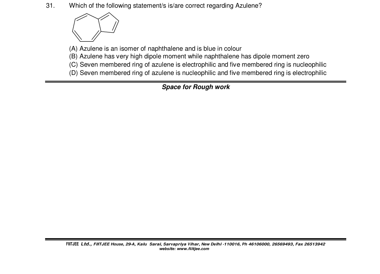 Chemistry diagram for: Which of the following statement/s is/are correct regarding Azulene? [Structure shows a bicyclic aromatic compound with