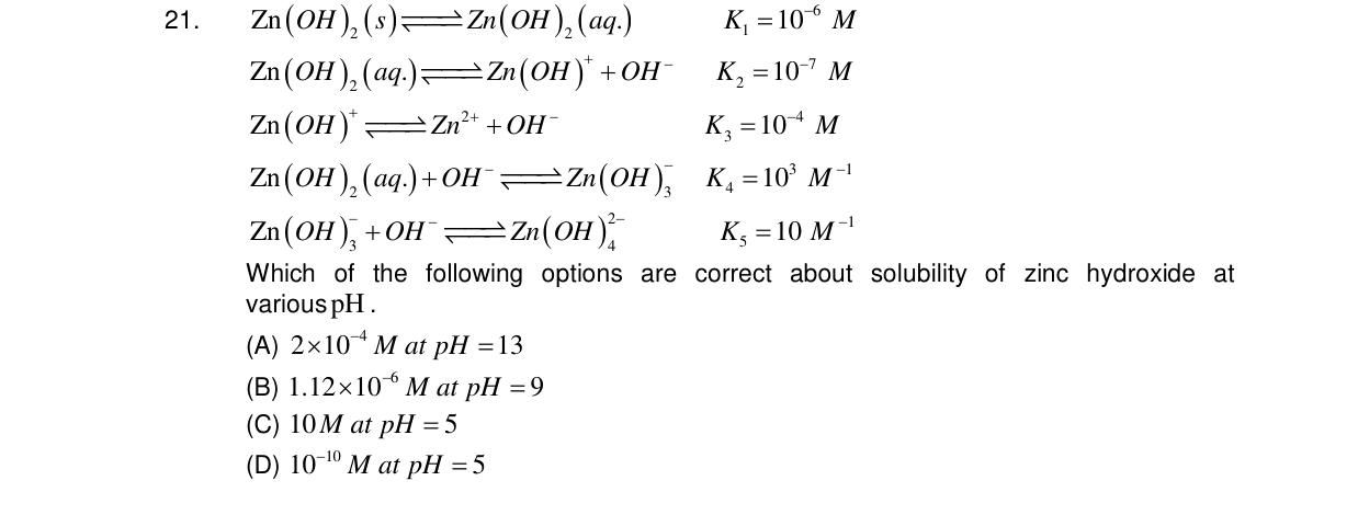 Chemistry diagram for: Zn(OH)2(s) ⇌ Zn(OH)2(aq.) K1 = 10^-6 M Zn(OH)2(aq.) ⇌ Zn(OH)+ + OH- K2 = 10^-7 M Zn(OH)+ ⇌ Zn^2+ + OH- K3 = 10^-4 M Zn(O