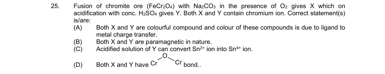 Chemistry diagram for: Fusion of chromite ore (FeCr2O4) with Na2CO3 in the presence of O2 gives X which on acidification with conc. H2SO4 gives