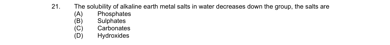 Chemistry diagram for: The solubility of alkaline earth metal salts in water decreases down the group, the salts are