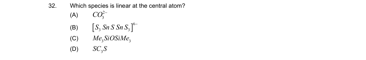 Chemistry diagram for: Which species is linear at the central atom?