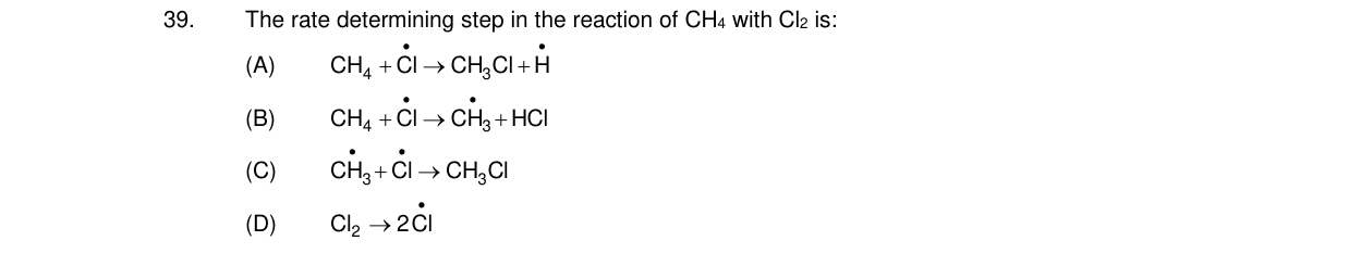 Chemistry diagram for: The rate determining step in the reaction of CH4 with Cl2 is: