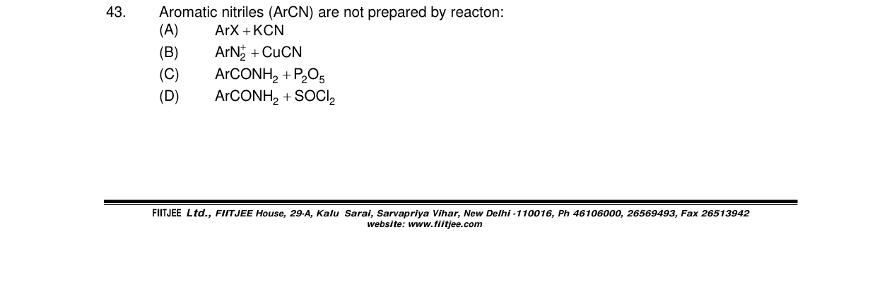 Chemistry diagram for: Aromatic nitriles (ArCN) are not prepared by reacton: