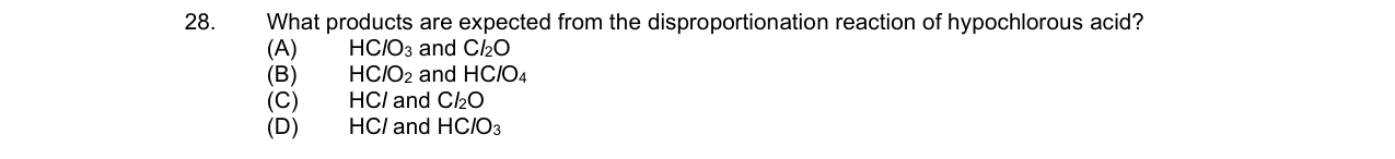 Chemistry diagram for: What products are expected from the disproportionation reaction of hypochlorous acid?