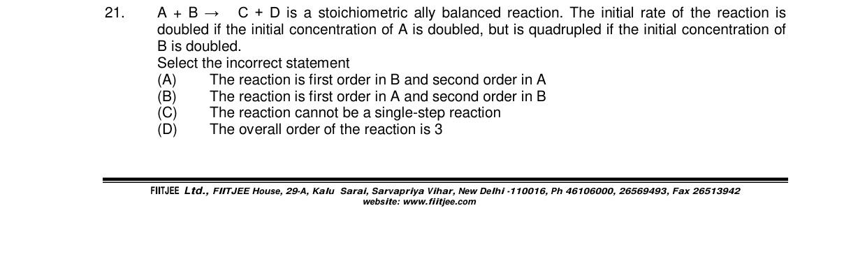 Chemistry diagram for: A + B β C + D is a stoichiometrically balanced reaction. The initial rate of the reaction is doubled if the initial conc