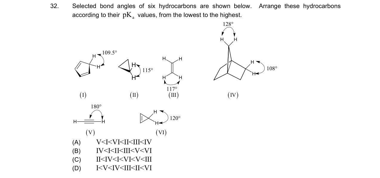 Chemistry diagram for: Selected bond angles of six hydrocarbons are shown below. Arrange these hydrocarbons according to their pKa values, from