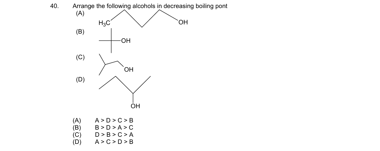 Chemistry diagram for: Arrange the following alcohols in decreasing boiling point