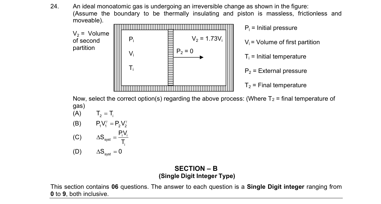 Chemistry diagram for: An ideal monoatomic gas is undergoing an irreversible change as shown in the figure: (Assume the boundary to be thermall