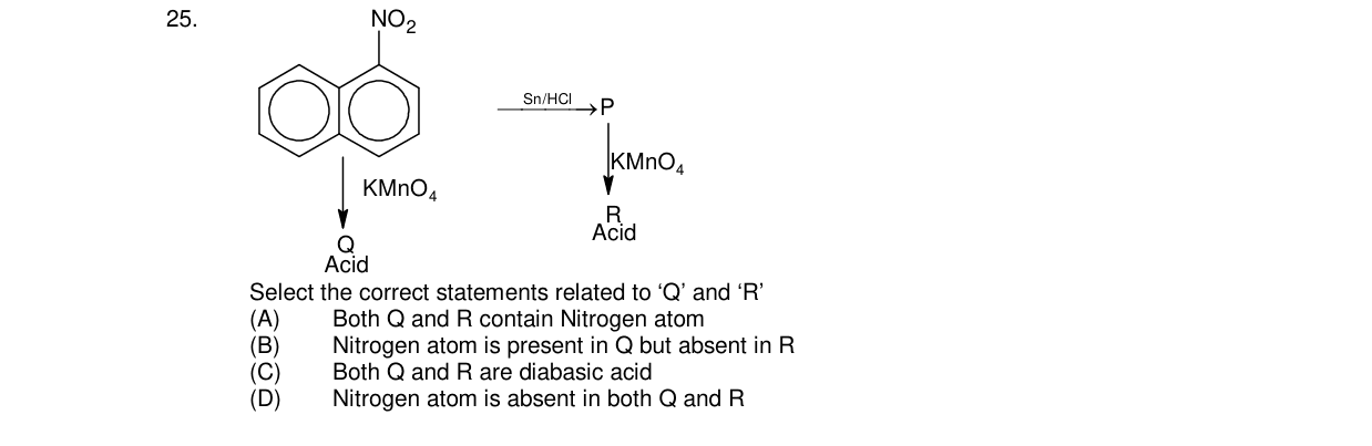 Chemistry diagram for: Select the correct statements related to 'Q' and 'R'. The starting compound is 1-nitronaphthalene which undergoes: (1) K