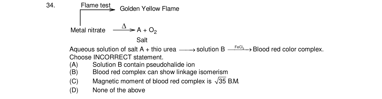 Chemistry diagram for: Metal nitrate --A--> A + O2 (Salt). Flame test: Golden Yellow Flame. Aqueous solution of salt A + thio urea --> solution