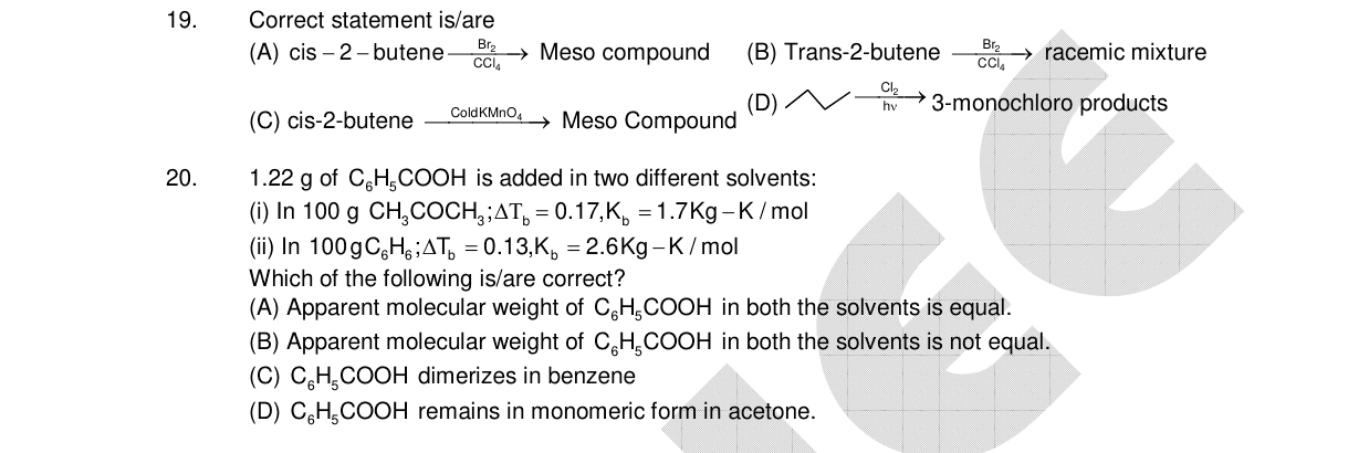 Chemistry diagram for: 1.22 g of C₆H₅COOH is added in two different solvents: (i) In 100 g CH₃COCH₃; ΔTb = 0.17 K, Kb = 1.7 Kg-K/mol (ii) In 10