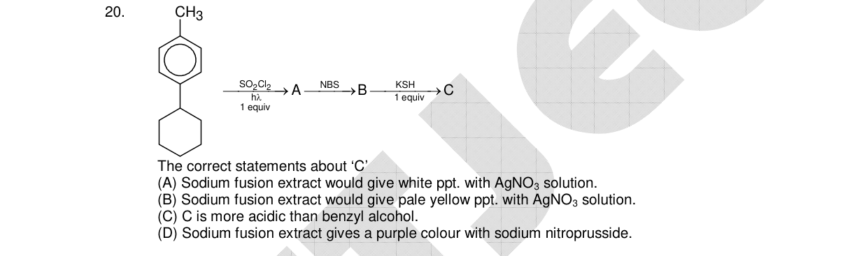 Chemistry diagram for: The starting compound is toluene with a cyclohexyl substituent at the para position. It undergoes the following reaction