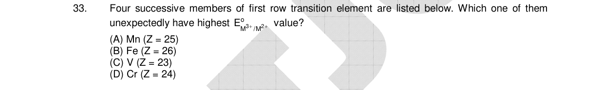 Chemistry diagram for: Four successive members of first row transition element are listed below. Which one of them unexpectedly have highest E°