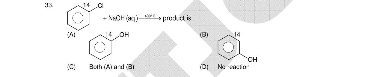 Chemistry diagram for: A benzene ring with ^14Cl attached at position 1 + NaOH (aq.) at 400°C → product is