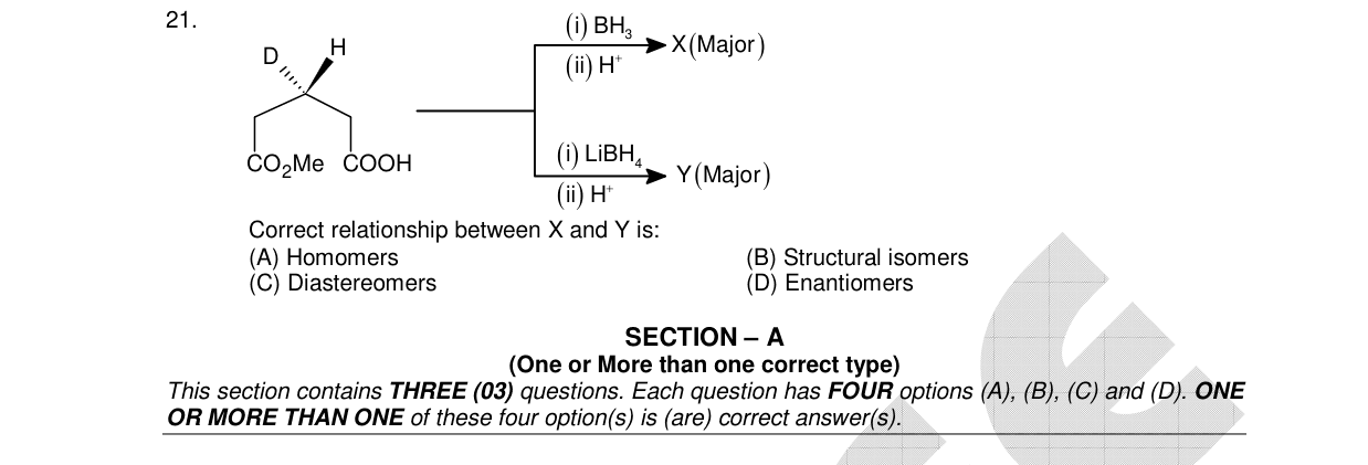 Chemistry diagram for: A compound with CO2Me and COOH groups and a D and H substituent undergoes two reaction pathways: (i) BH3 followed by (ii