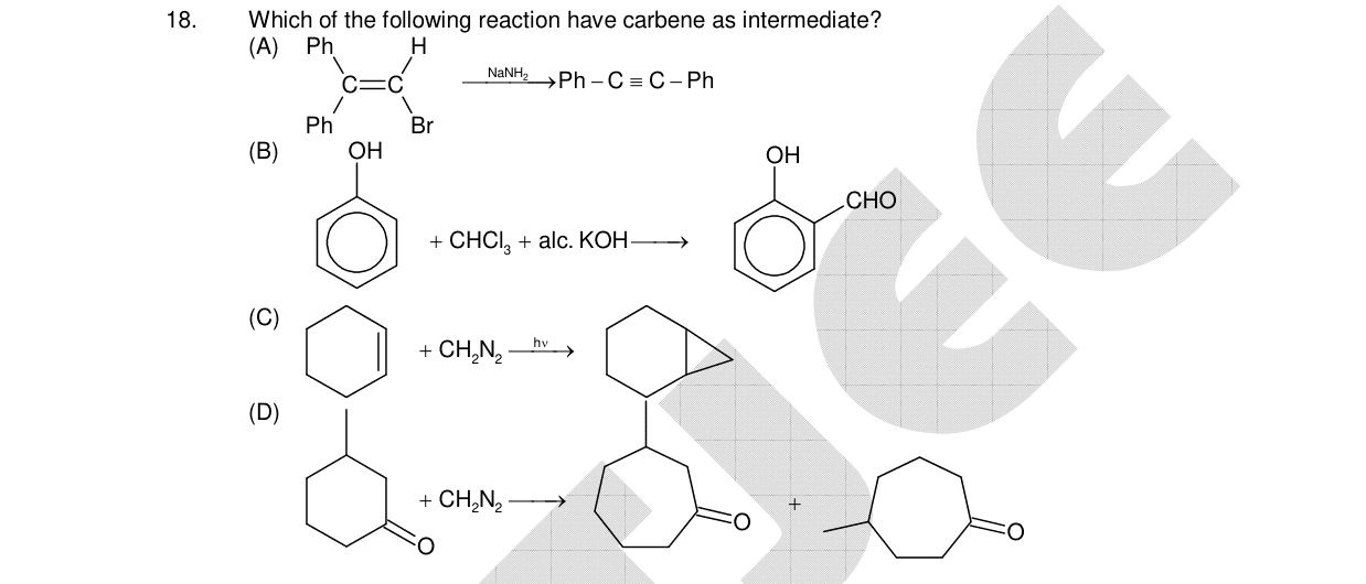 Chemistry diagram for: Which of the following reaction have carbene as intermediate?