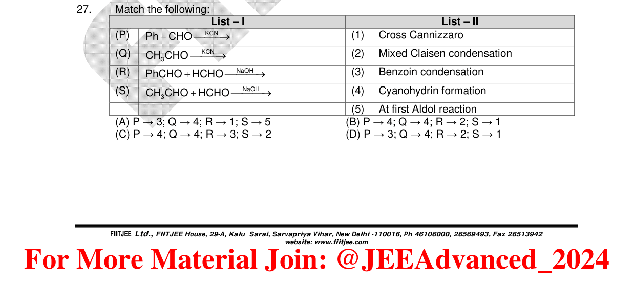 Chemistry diagram for: Match the following: List - I (P) Ph-CHO --KCN--> (Q) CH3CHO --KCN--> (R) PhCHO + HCHO --NaOH--> (S) CH3CHO + HCHO --NaO