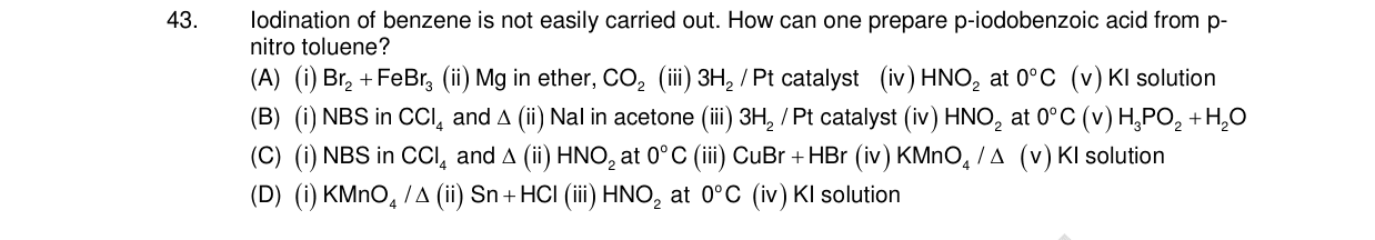 Chemistry diagram for: Iodination of benzene is not easily carried out. How can one prepare p-iodobenzoic acid from p-nitro toluene?