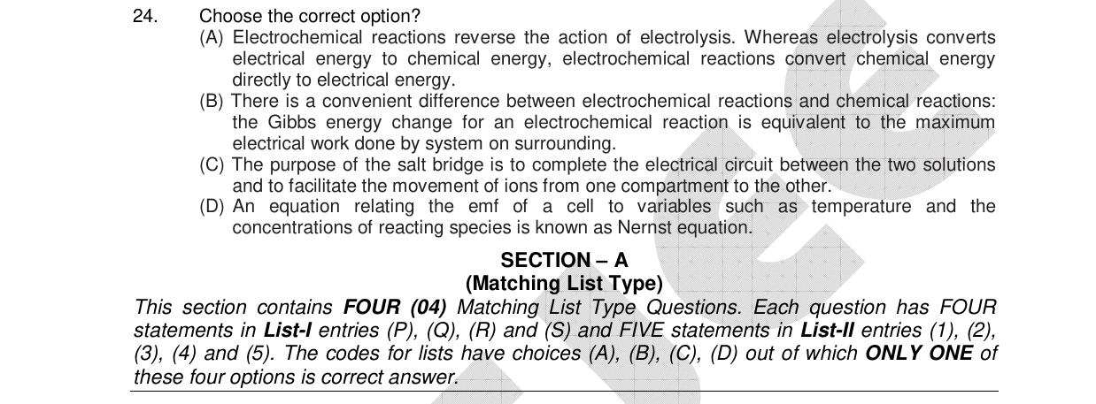Chemistry diagram for: Choose the correct option? (A) Electrochemical reactions reverse the action of electrolysis. Whereas electrolysis conver