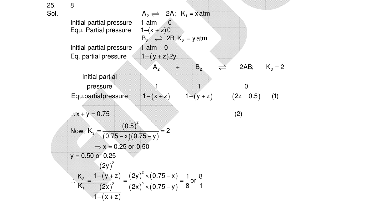 Chemistry diagram for: A2 β 2A; K1 = x atm Initial partial pressure: 1 atm, 0 Equ. Partial pressure: 1-(x+z), 0 B2 β 2B; K2 = y atm Initial par
