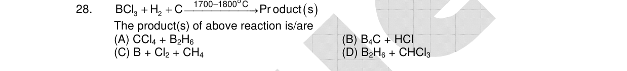 Chemistry diagram for: BCl3 + H2 + C at 1700-1800°C → Product(s). The product(s) of above reaction is/are