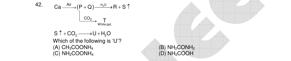 Chemistry diagram for: Ca --Air--> (P + Q) --H2O--> R + Sβ | |--CO2--> T (White ppt.) Sβ + CO2 --> U + H2O Which of the following is 'U'?