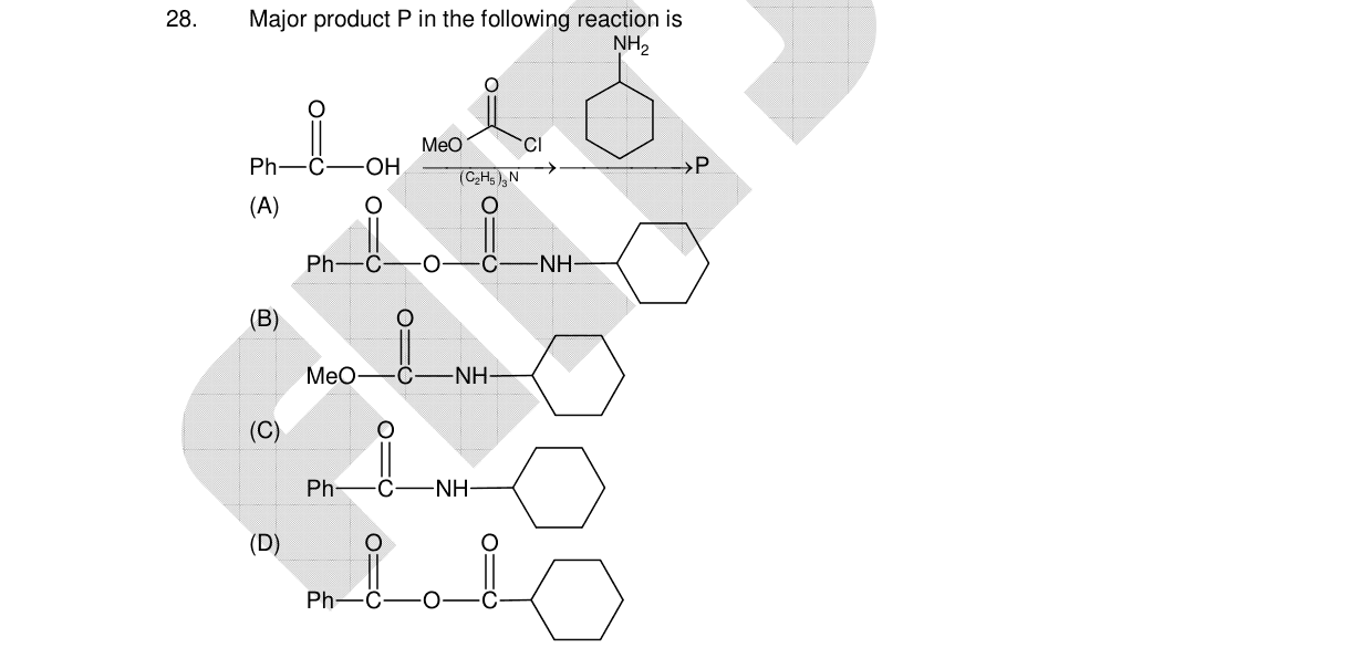 Chemistry diagram for: Major product P in the following reaction is Ph-C(=O)-O-OH + MeO-C(=O)-Cl then cyclohexylamine with (C2H5)3N -> P
