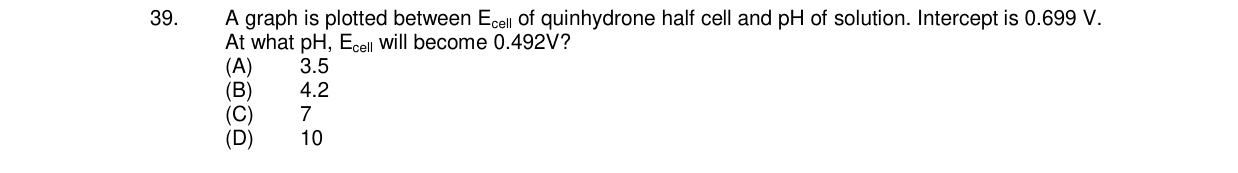 Chemistry diagram for: A graph is plotted between E_cell of quinhydrone half cell and pH of solution. Intercept is 0.699 V. At what pH, E_cell