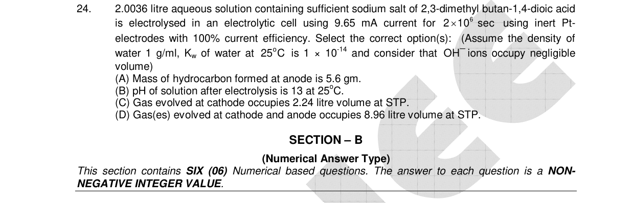 Chemistry diagram for: 2.0036 litre aqueous solution containing sufficient sodium salt of 2,3-dimethyl butan-1,4-dioic acid is electrolysed in