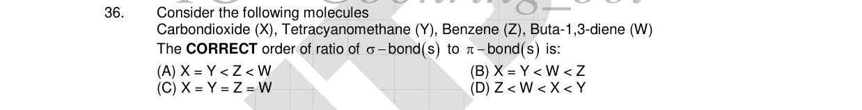 Chemistry diagram for: Consider the following molecules Carbondioxide (X), Tetracyanomethane (Y), Benzene (Z), Buta-1,3-diene (W). The CORRECT