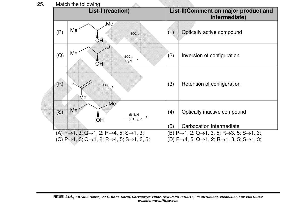 Chemistry diagram for: Match the following List-I (reaction) | List-II (Comment on major product and intermediate) (P) A secondary alcohol with