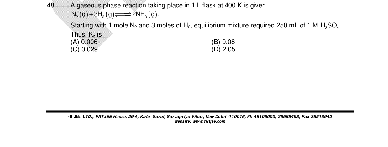 Chemistry diagram for: A gaseous phase reaction taking place in 1 L flask at 400 K is given, N2(g) + 3H2(g) β 2NH3(g). Starting with 1 mole N2